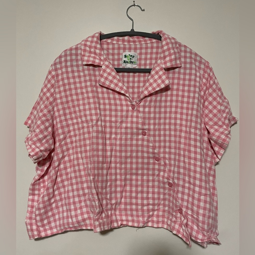 Shiny By Nature Pink Plaid Asymmetrical Cropped Button-up